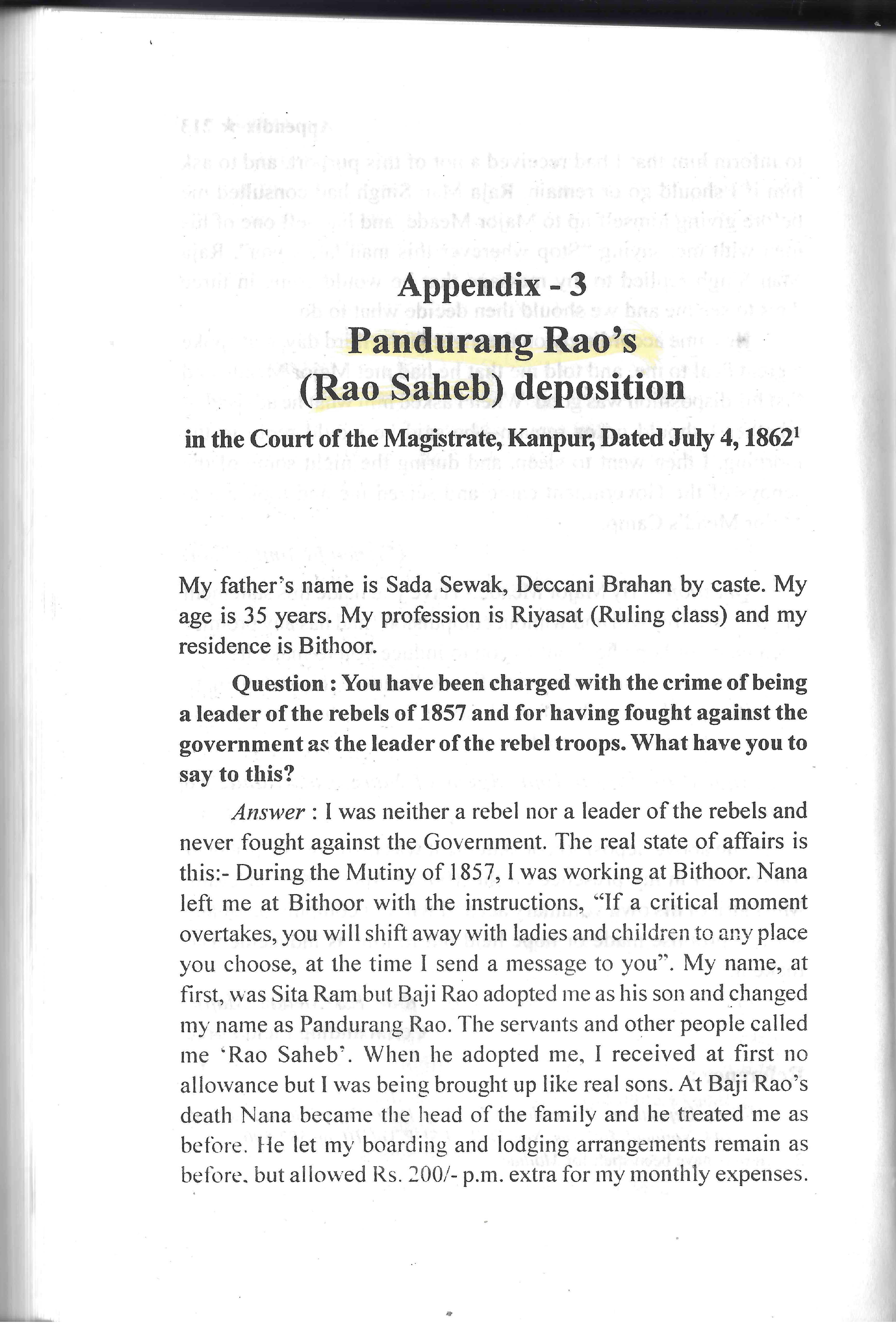 Deposition of Rao Saheb Dated 4th July 1862