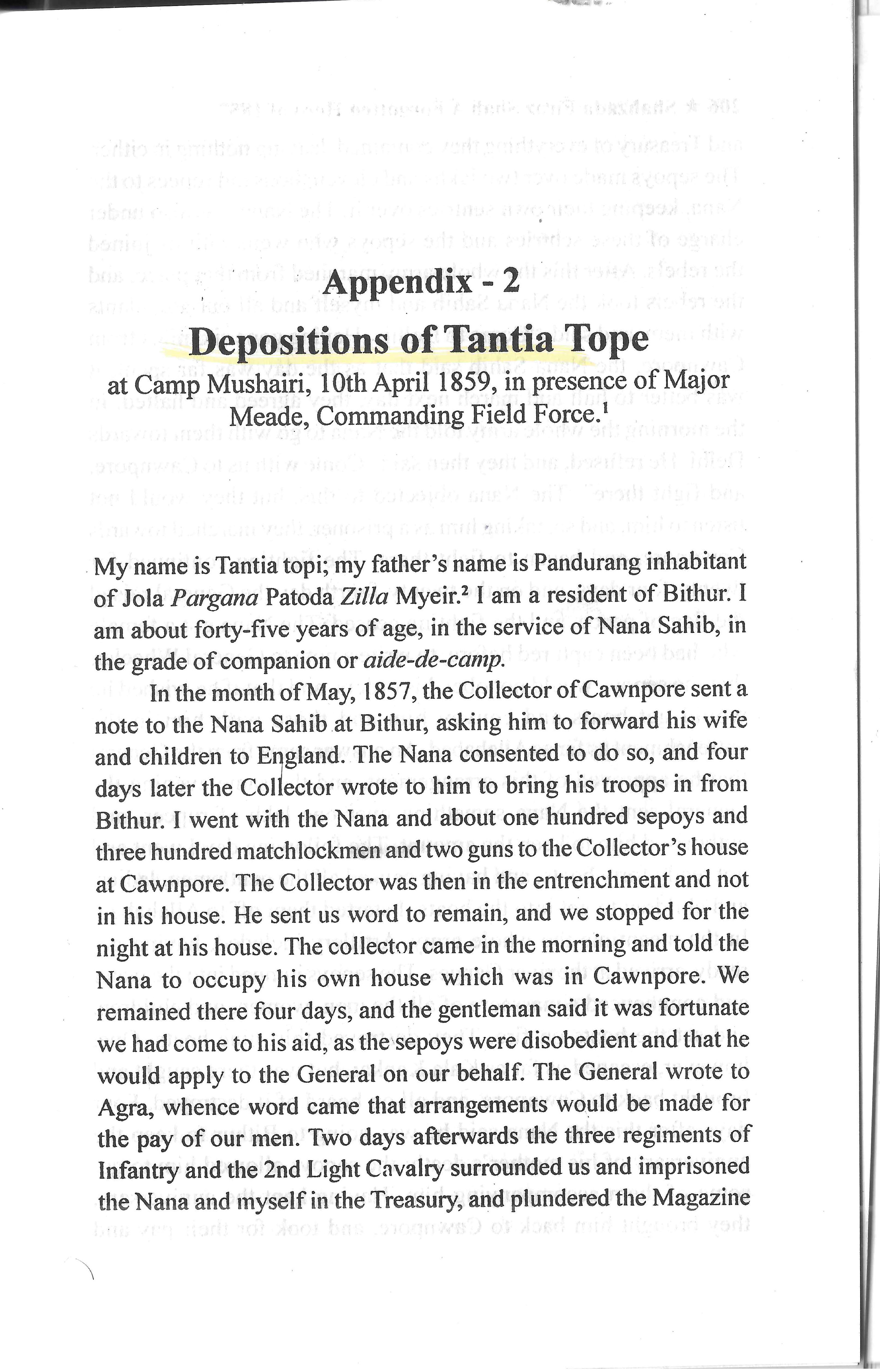 Deposition of Tantia Tope at Camp Mushairi, 10 April 1859