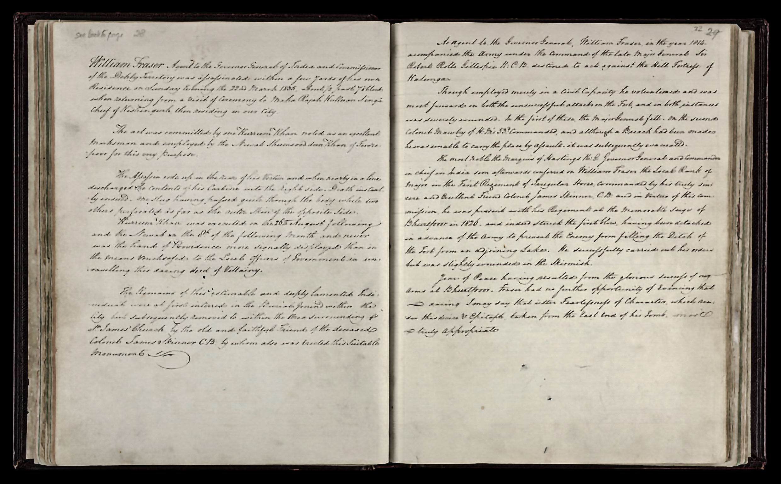 Description of Assassination of William Fraser Agent to the Governor-General of India in a 1843 Manuscript