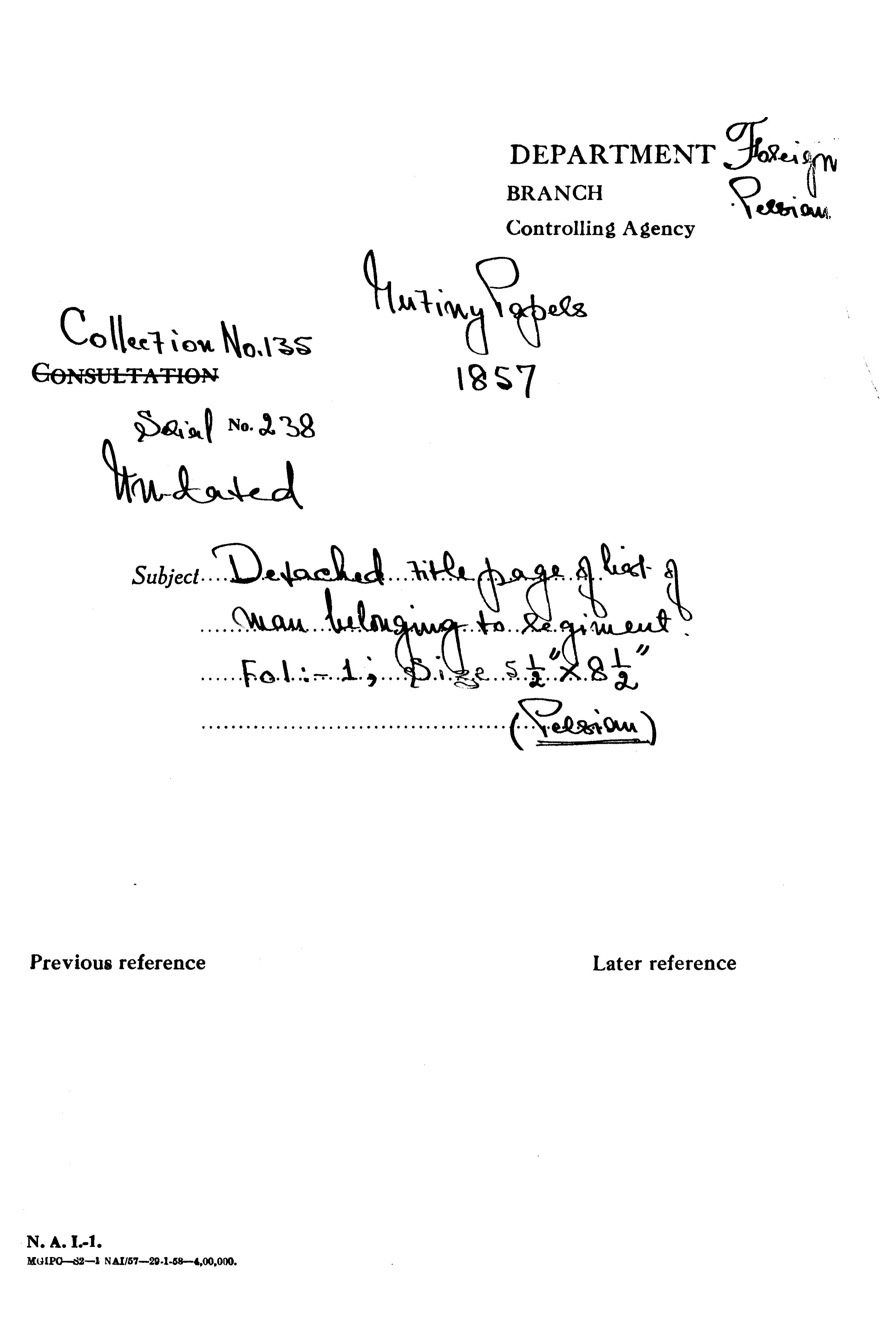 Detached Litle Pager of List of officer and Men Belonging to Varigus Regiemtns.(Delhi)