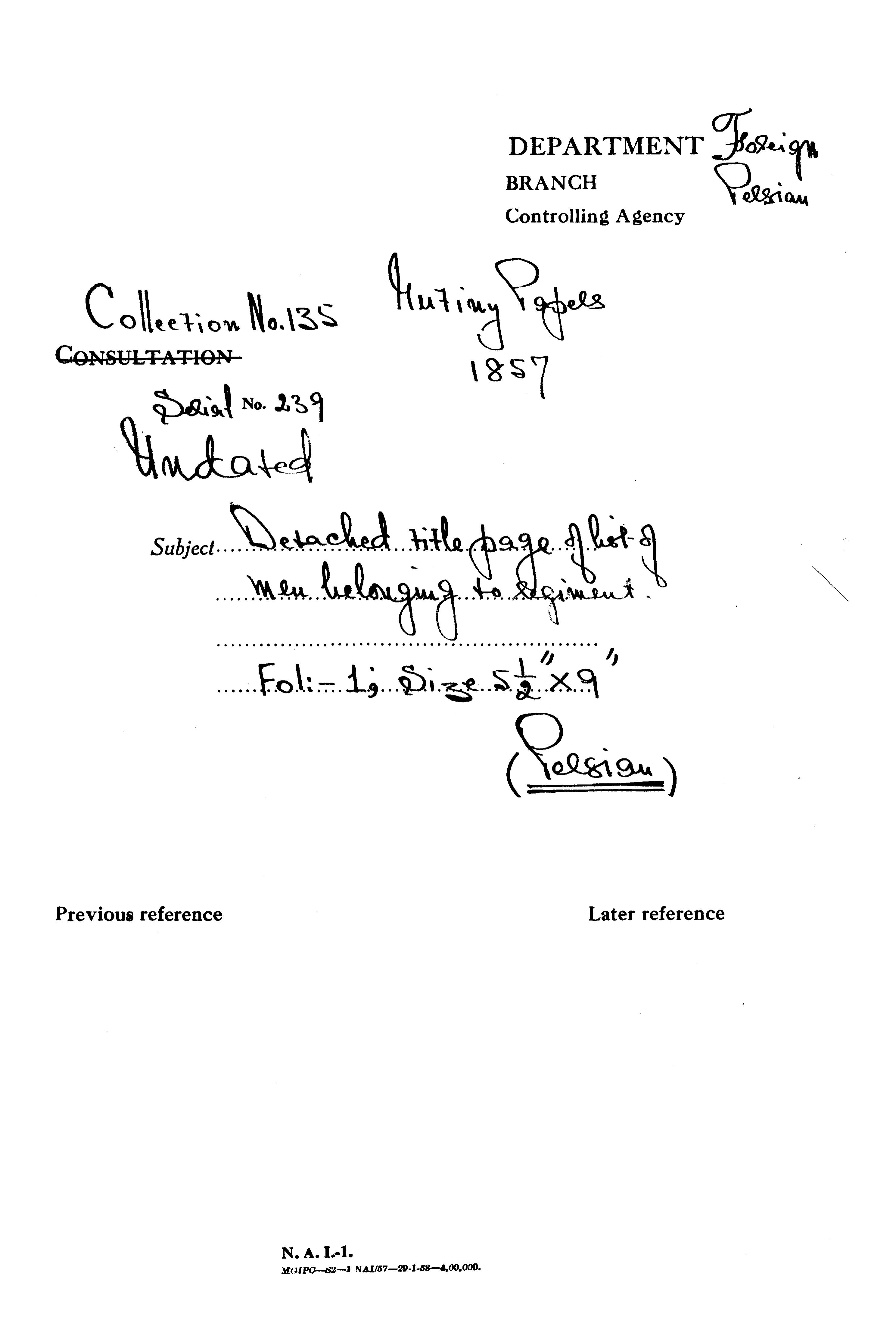 Detached Title Page of List of Men Belonging to Ligament.(Delhi).