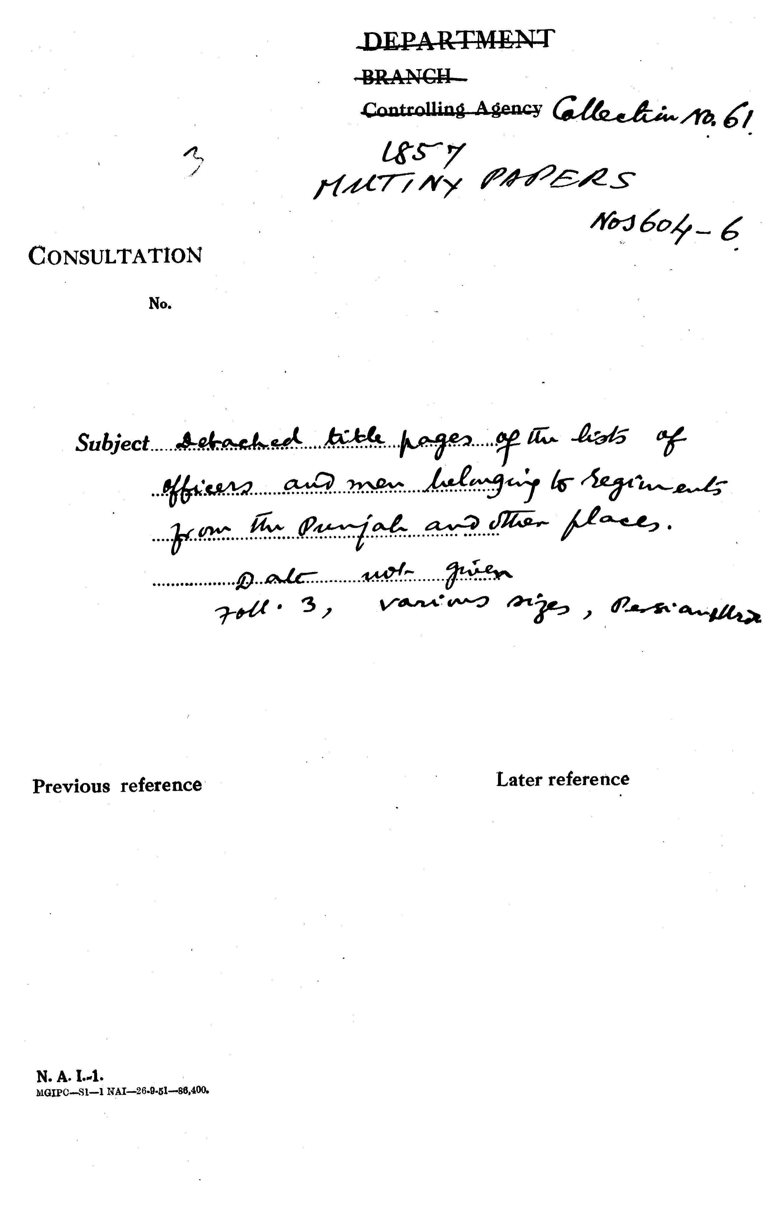 Detached Title Pages of the Lists of officers and Men Belonging to Regiments From the Punjab and Other Places.