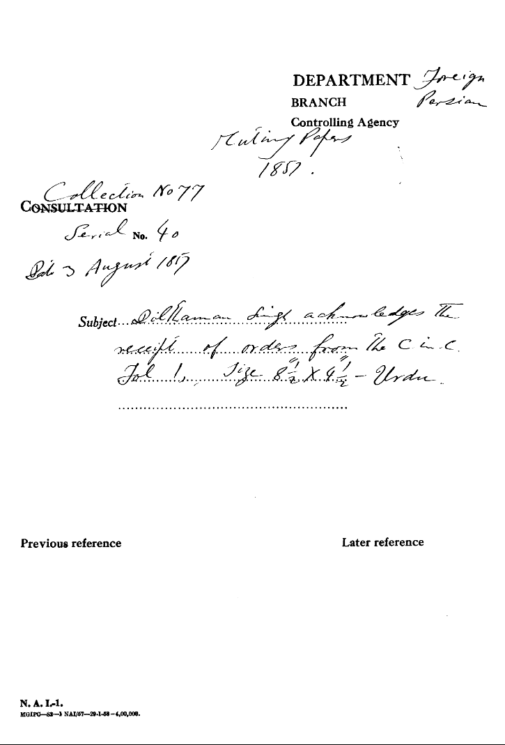 Dilthaman Singh acknowledge the Receipt of Orders From the C-in-C. Mirza Mughal.