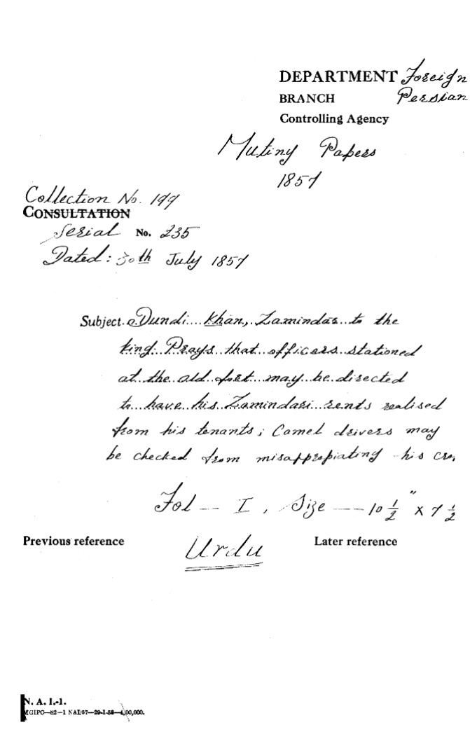Dundi Khan, Zamindar to the Emperor Prays that officers Stationed at the Old Fort May Be Directed to Have His Zamindari Rents Realized From His Tenants Camel Drivers May Be Checked From Misappropriating His Craps