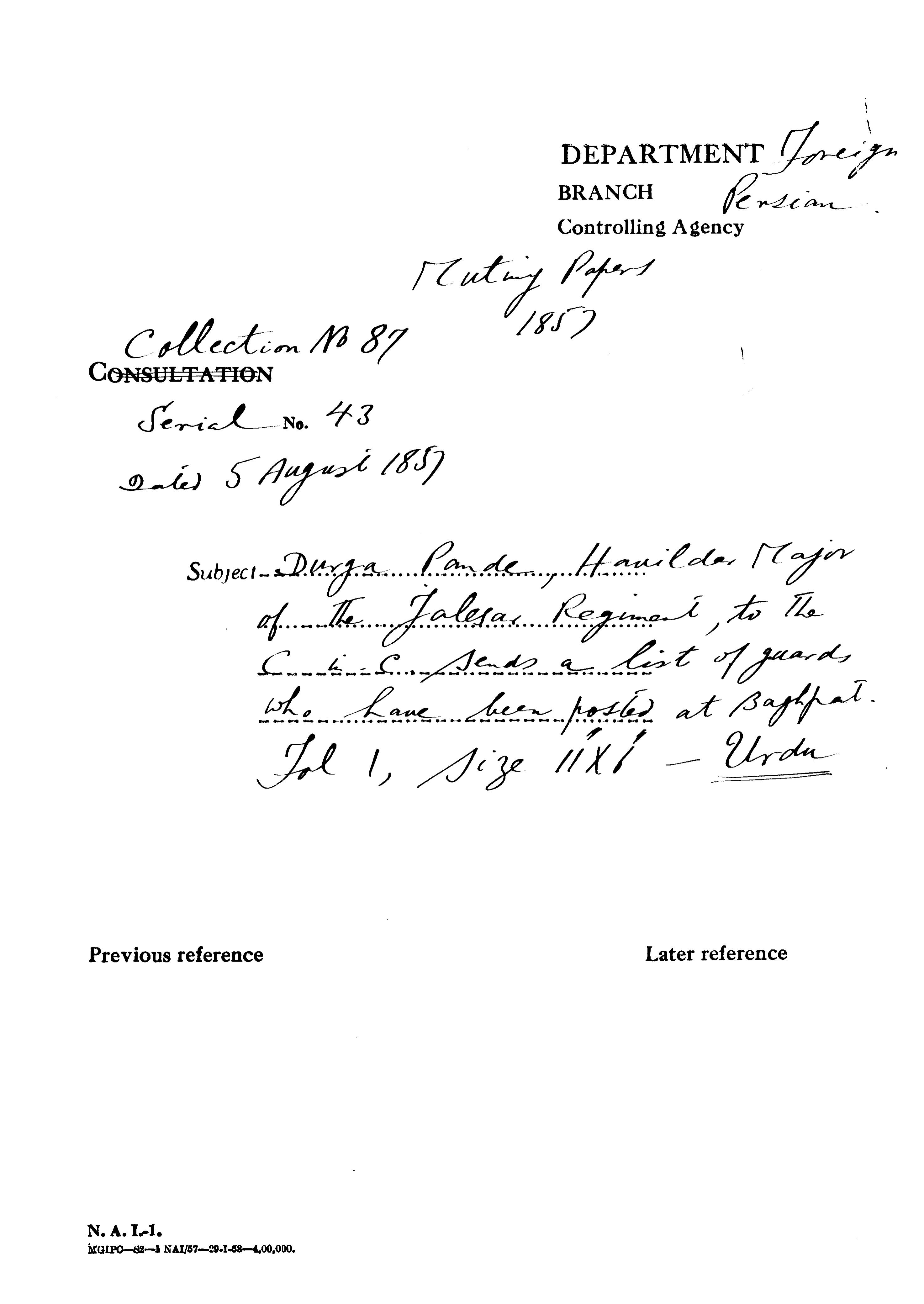 Durga Pandey, Havildar Major of the Jalesar Regiment to the C-in-C Sends a List of Guards Who Have Been Posted at Baghpat.