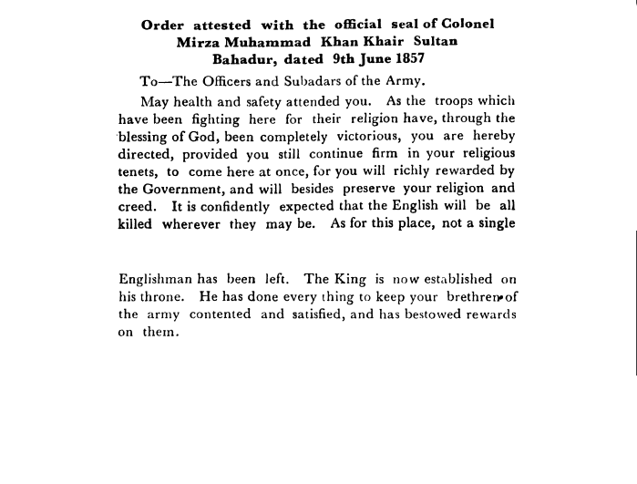 Eighteenth  Days  of Proceedings Trail of Bahadur Shah - Order  attested  with  the  official  seal  of  Colonel  Mirza  Muhammad  Khan  Khair  Sultan  Bahadur
