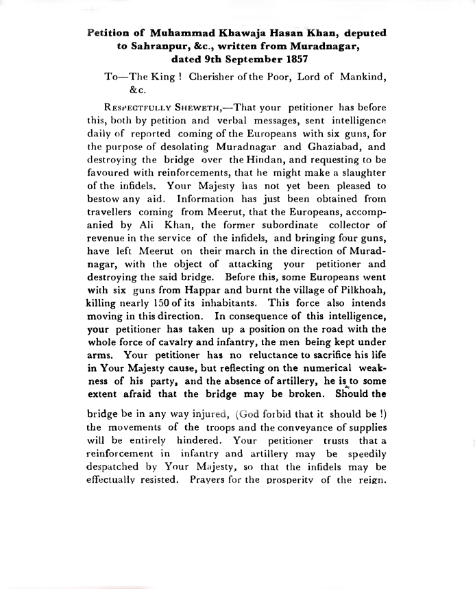 Eighteenth  Days  of Proceedings Trail of Bahadur Shah - Petition  of  Muhammad  Khawaja  Hasan  Khan deputed  to  Saharanpur  &c  written  from  Muradagar  dated  9th  September  1857
