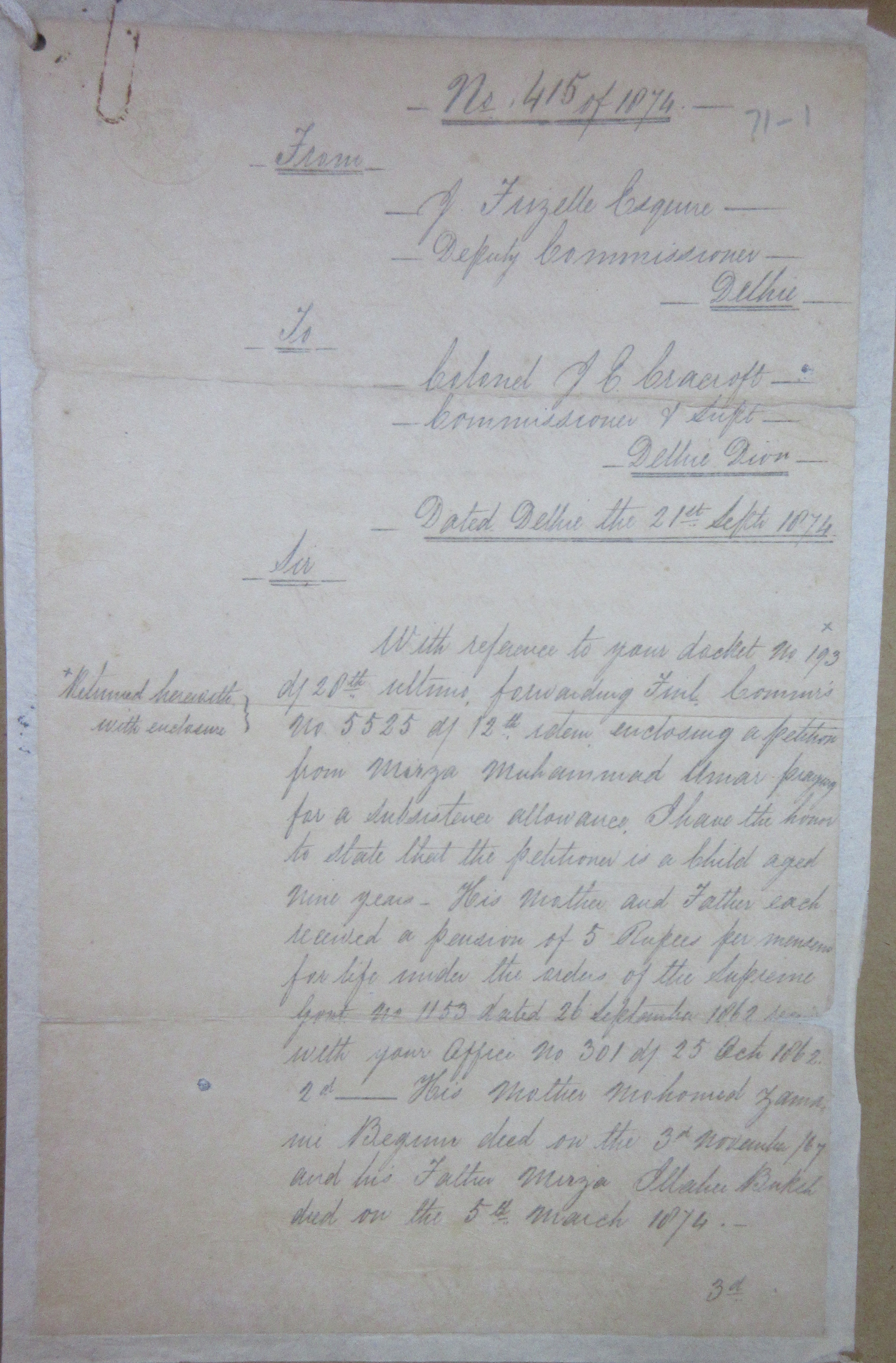 Enclosing a Petition Mirza Muhammad Umer (Mother Mohammad Zamani Begum) Nine Year Old Orphan Son of Mirza Ilahi Bakhsh Requesting For a Subsistence Allowance, File No. 26