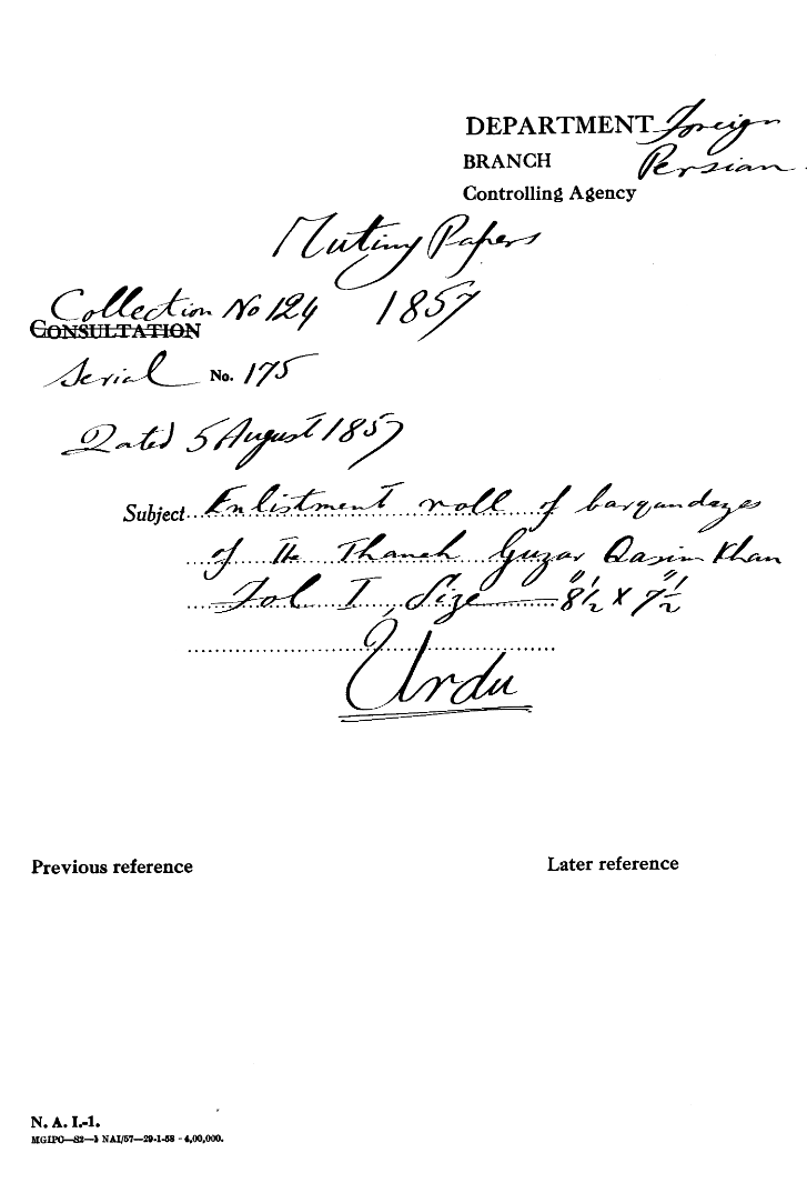 Enlistment Roll of Barqandazes of the Thanah Guzar Qasim Khan.