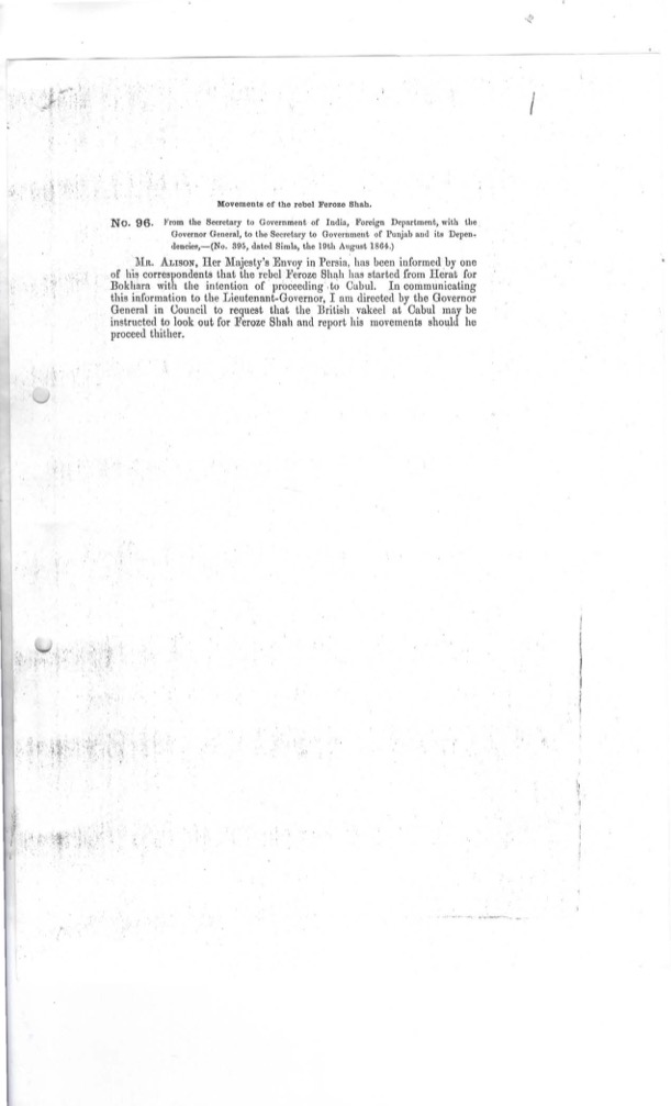 Enquiry about Firuz Shah   dated 19th August 1864 at Simla