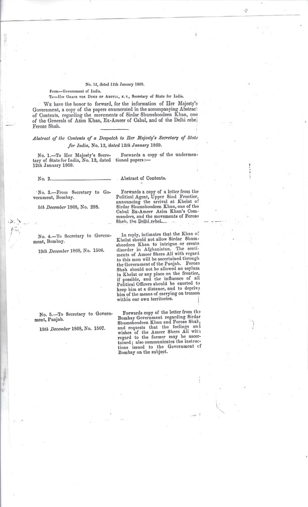 Enquiry about Firuz Shah  dated 12th January 1869