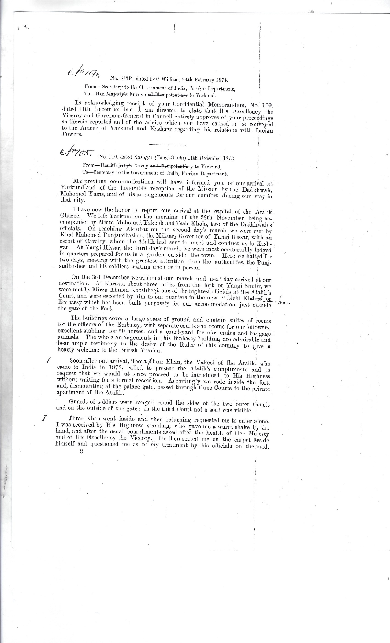 Enquiry about Firuz Shah dated 11th December 1873 at  Kashgar