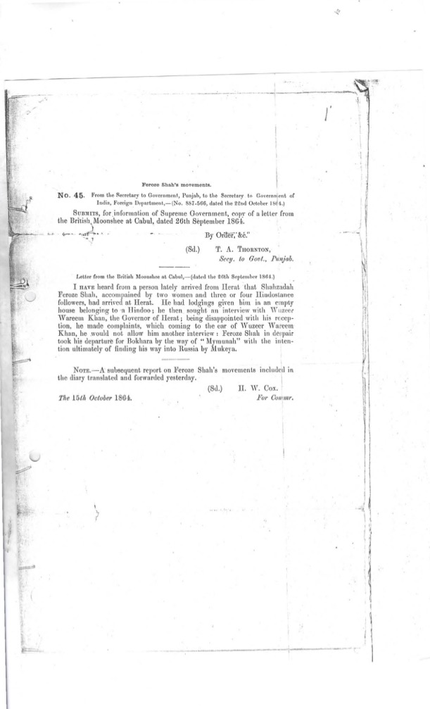 Enquiry about Firuz Shah Firuz  from the British Moonshee at Cabul on 26th Sept1864 at Cabul