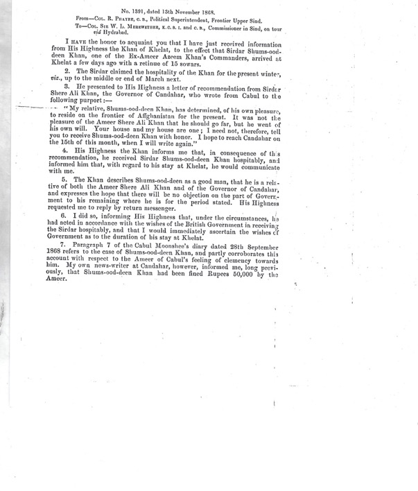 Enquiry about Firuz Shah on 13th November 1868 at Sind