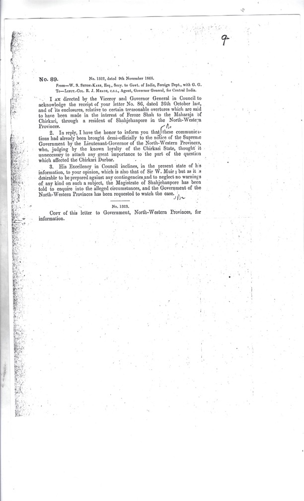 Enquiry about Firuz Shah on  9th November 1868 at Shahjehanpore