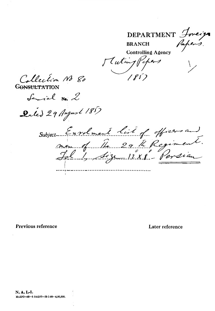Enrolment List of officers and Men of the 29th Regiment (1857)