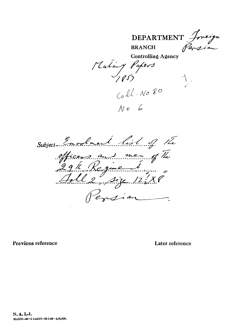 Enrolment List of officers and Men of the 29th Regiment.