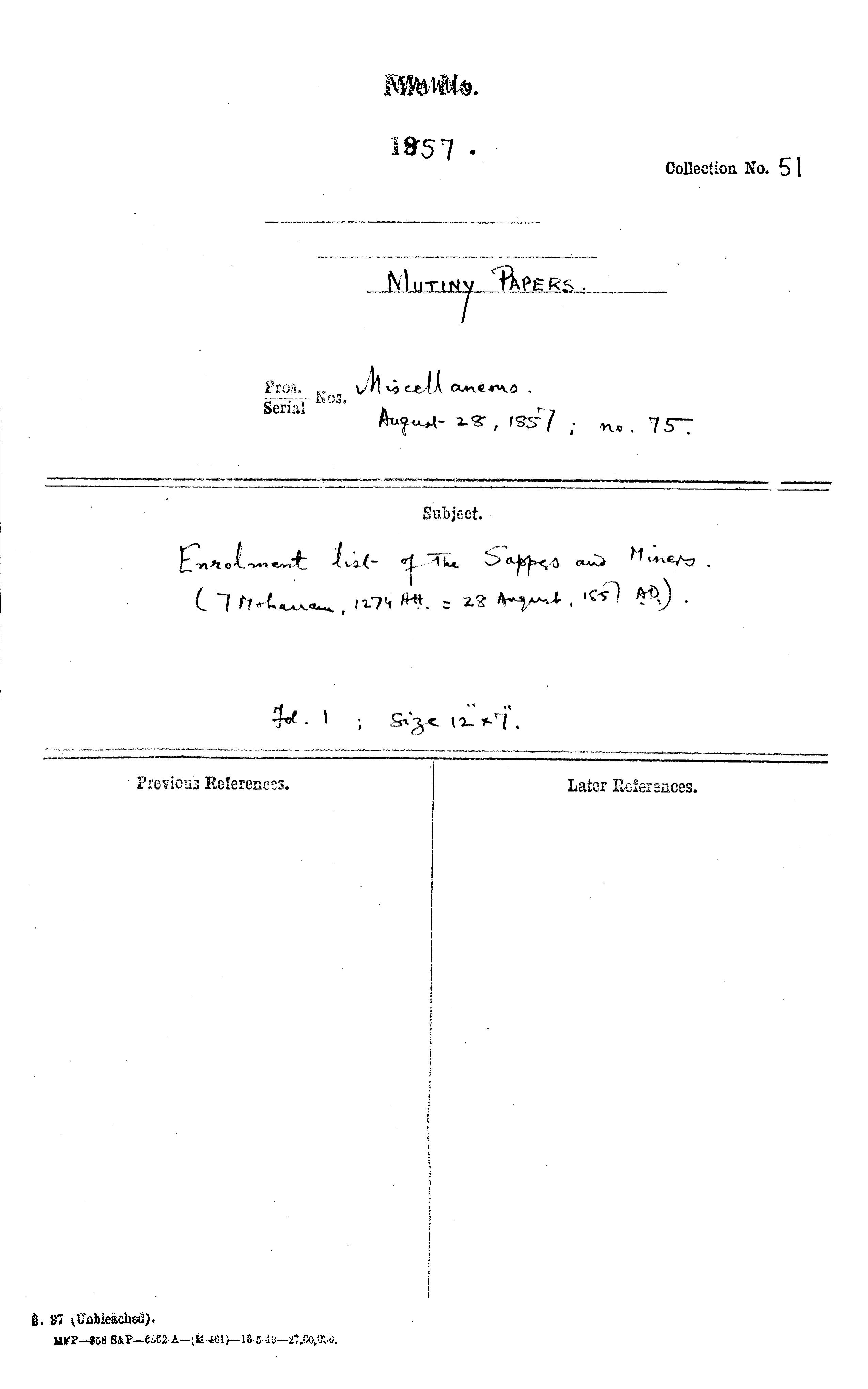 Enrolment List of the Sappers and Miners. (7 Moharram 1274 ah = 28 August 1857 ad)