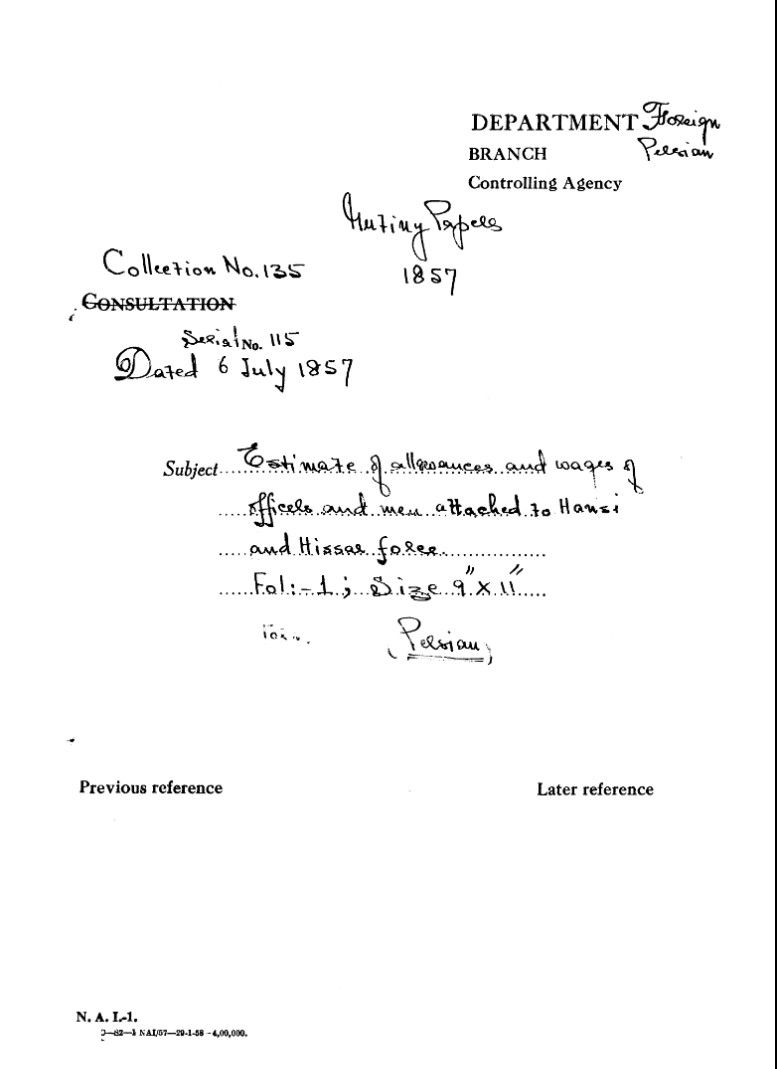 Estimate of allowances and Wages of offices and Men attached to Hausi and Hassar Forces.