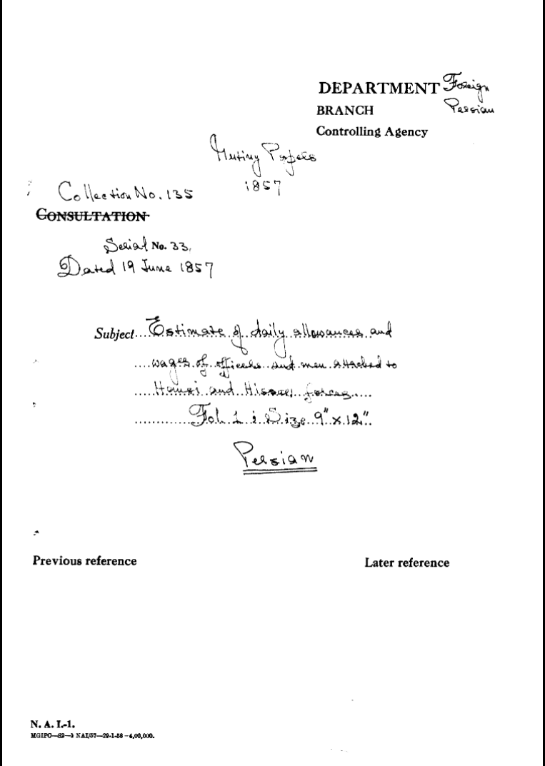 Estimate of Daily allowances and Wages of officers and Men attached to Hansi and Hassar Forces