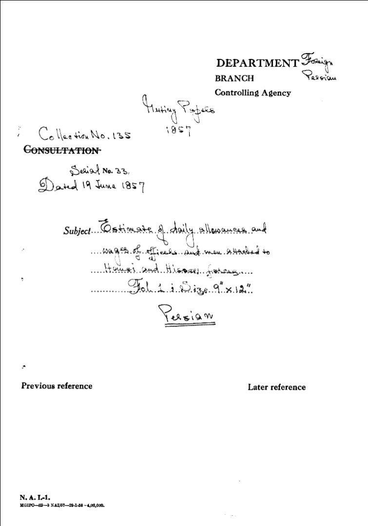 Estimate of Daily allowances and Wages of officers and Men attached to Hansi and Hissar Forces