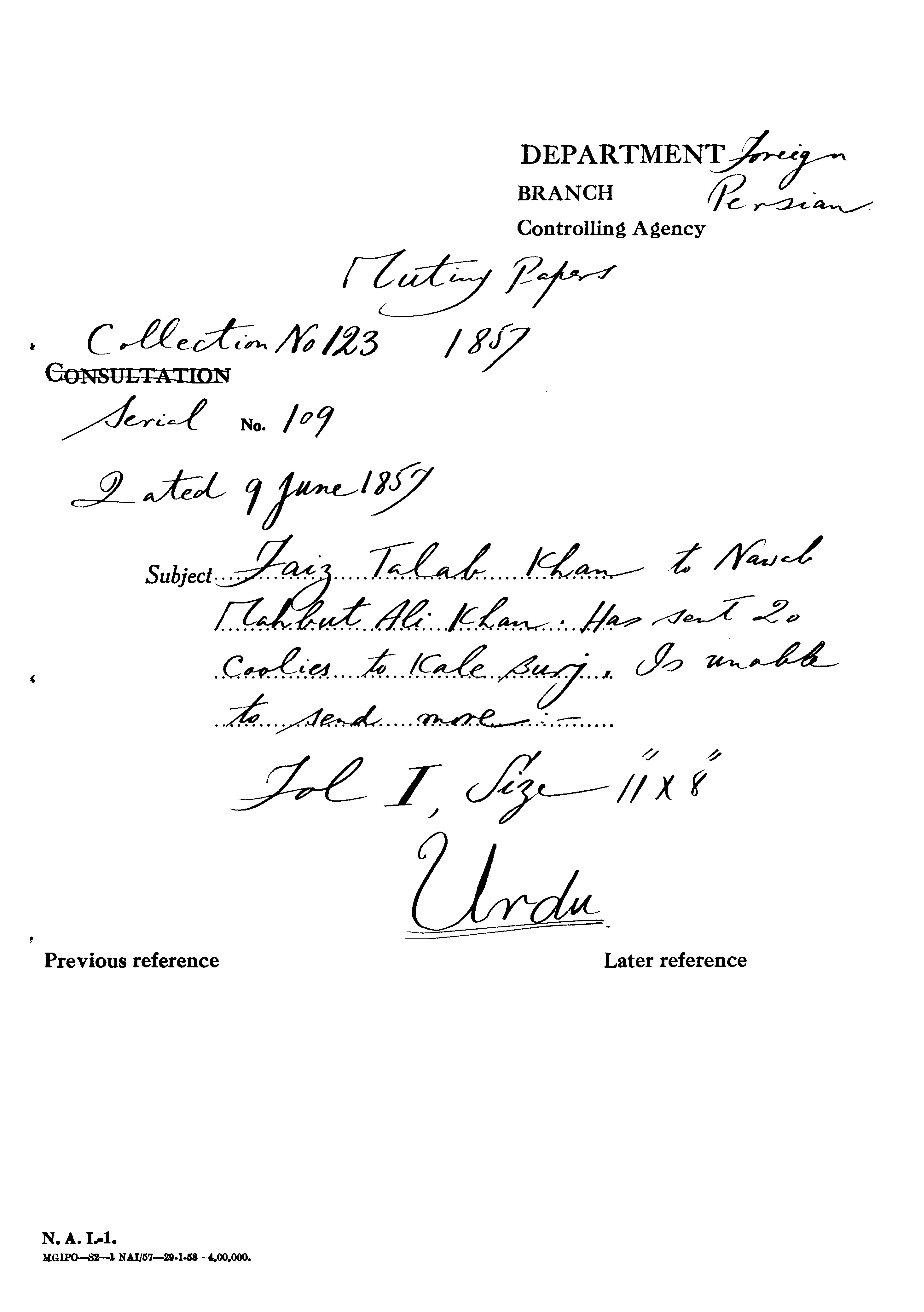 Faiz Talab Khan to Nawab Mahbut Ali Khan. Has Sent 20 Coolies to Kale Burj