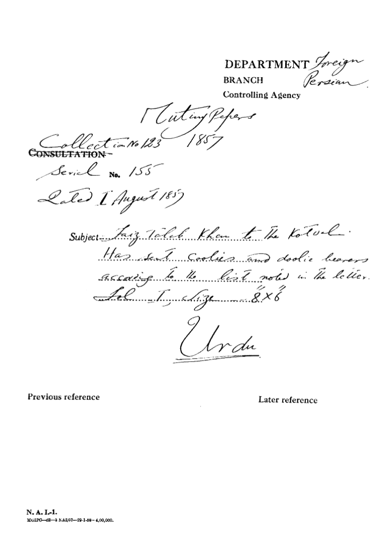 Faiz Talab Khan to the Kotwal Has Sent Coolies and Dollie Bearers according to the List Noted In the Letter.