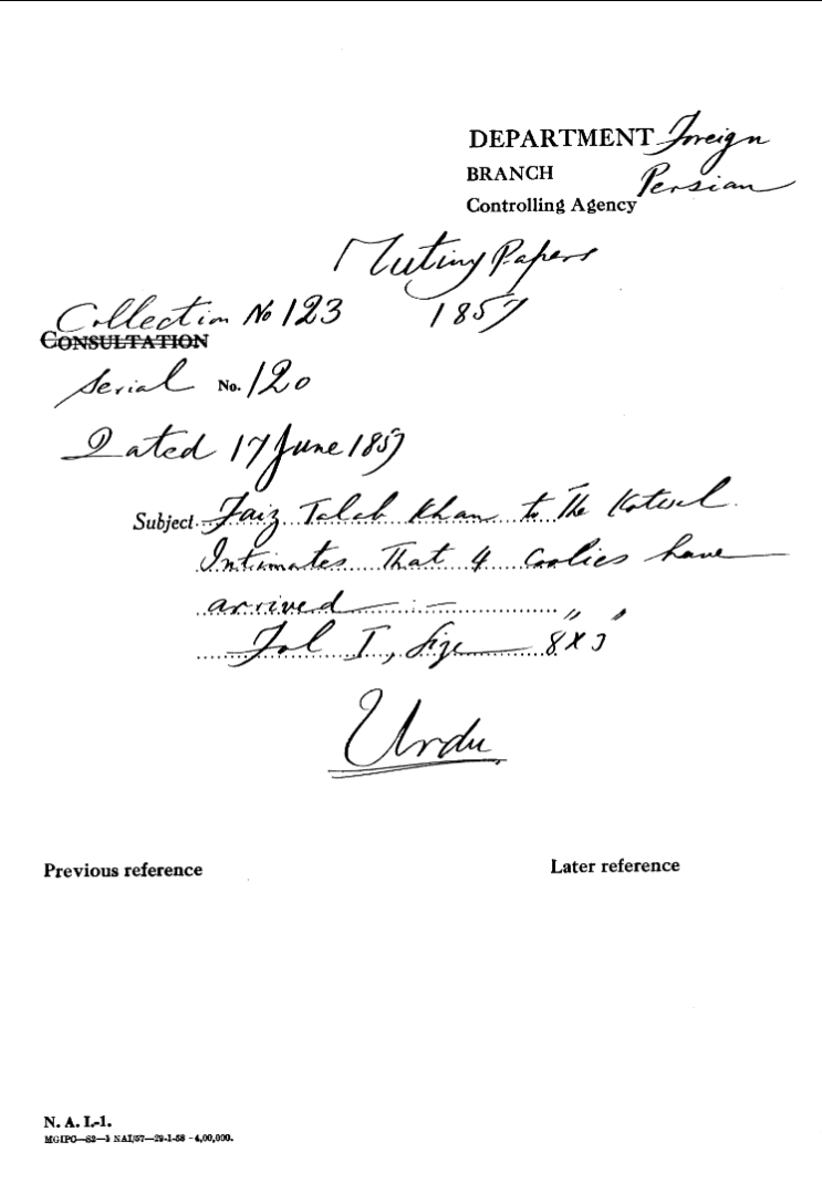 Faiz Talab Khan to the Kotwal Intimates that 4 Coolies Have arrived.