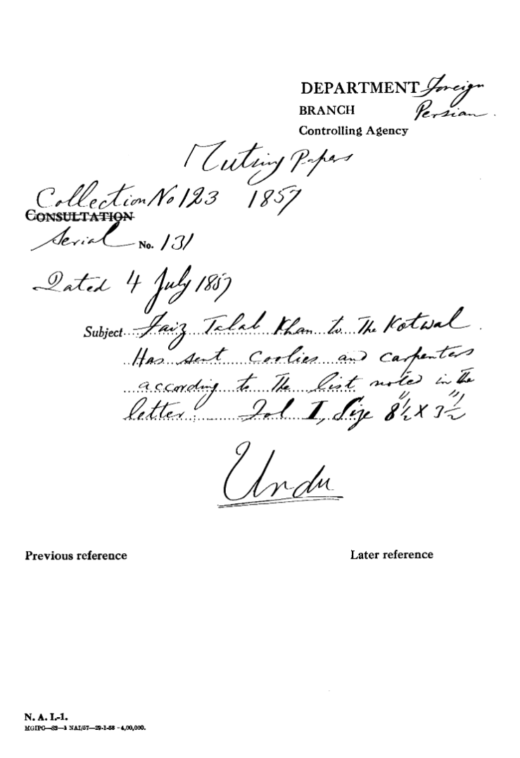 Faiz Talab Khan to the Kotwal Has Sent Coolies and Carpenters according to the List Noted In the Letter.