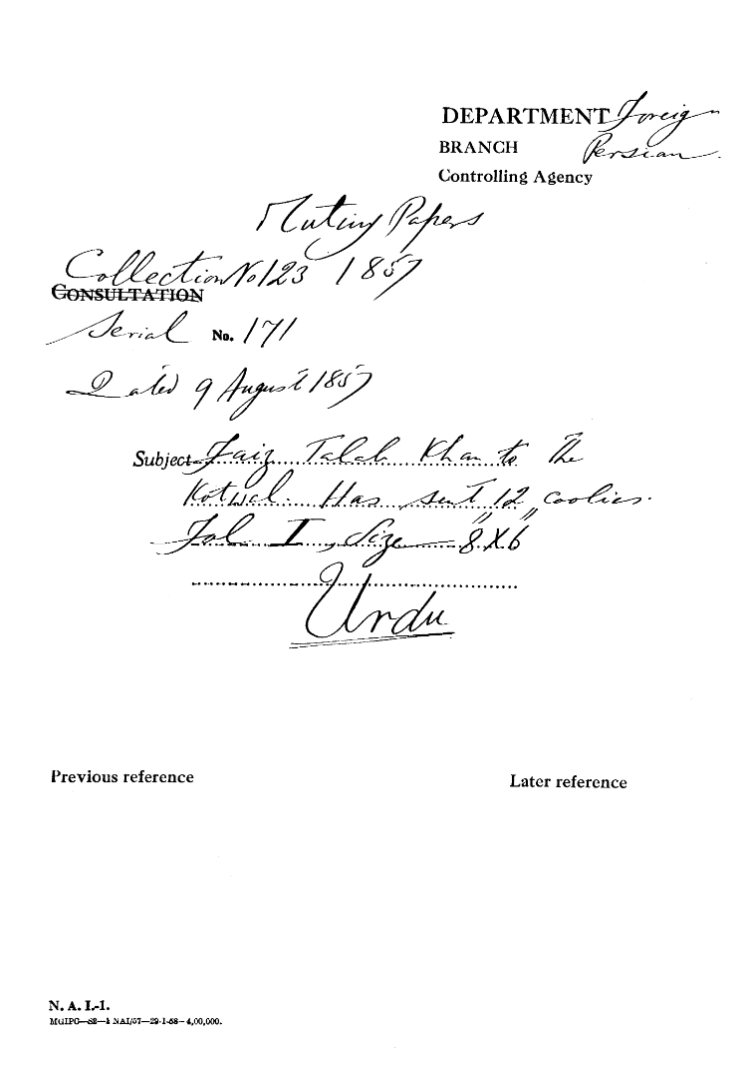 Faiz Talab Khan to the Kotwal. Has Sent 12 Coolies.