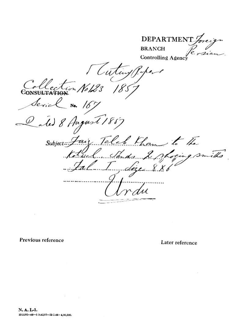 Faiz Talab Khan to the Kotwal. Sends 2 Shoeing-Smiths.