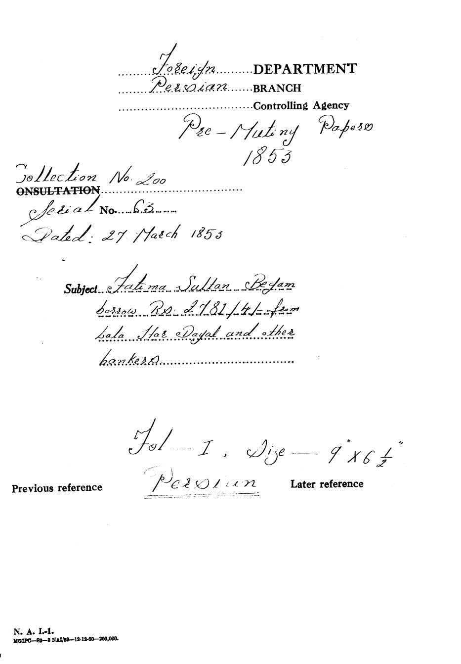 Fatima Sulthan Begum borrows Rs 2781/4/- from Lala Hardayal and other bankers