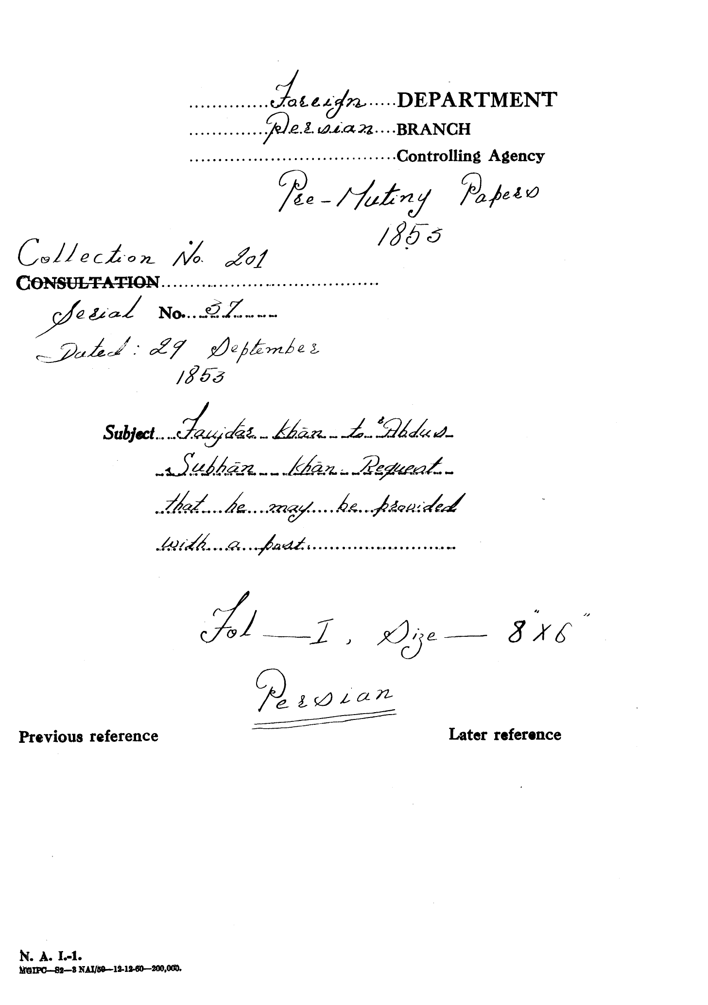 Faujdar Khan to Abdus Subhan Khan Request That He May be Provided with a Post