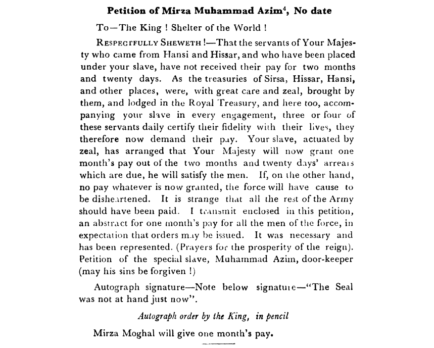 Fifth Days of Proceedings Trail of Bahadur Shah -  Petition  of  Mirza  Muhammad  Azim