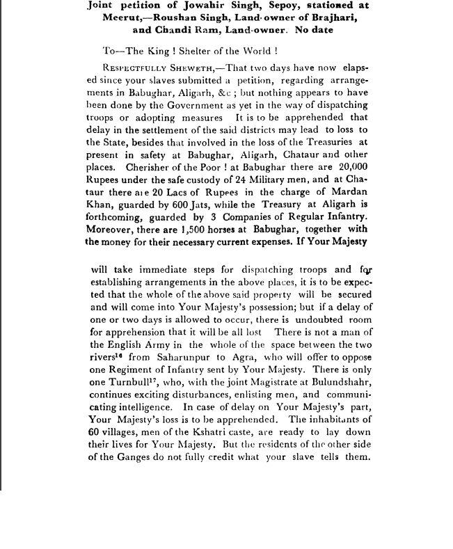 Fifth Days of Proceedings Trail of Bahadur Shah - Joint  petition  of  Jowahir  Singh  Sepoy  stationed  at  Meerut—Roushan  Singh  Land  owner  of  Bagheri  and  Chandi  Ram  Land-owner