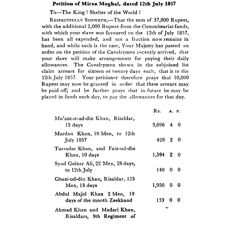 Fifth Days of Proceedings Trail of Bahadur Shah - Petition  of  Mirza  Mughal  dated  12th  July  1857