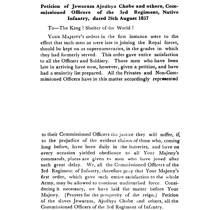 Fifth Days of Proceedings Trail of Bahadur Shah - Petition  of  Jewaram  Ajodhya  Chobe  and  others  Commissioned  Officers  of  the  3rd  Regiment  Native  Infantry