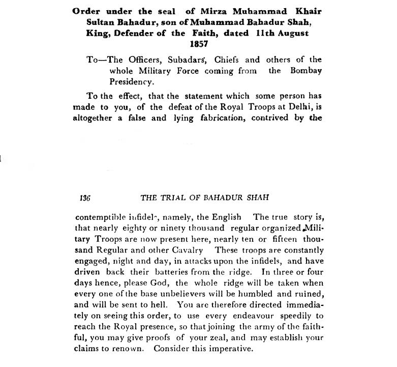 Fifth Days of Proceedings Trail of Bahadur Shah - Order  under  the  seal  of  Mirza  Muhammad  Khair  Sultan  Bahadur  son  of  Muhammad  Bahadur  Shah  Emperor  Defender  of  the  Faith  dated  11 th  August  1857