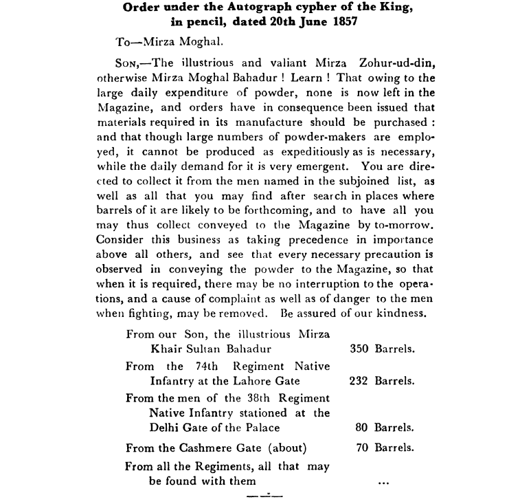 Fifth Days of Proceedings Trail of Bahadur Shah - Order  under  the  Autograph  cypher  of  the  Emperor in  pencil  dated  20th  June  1857