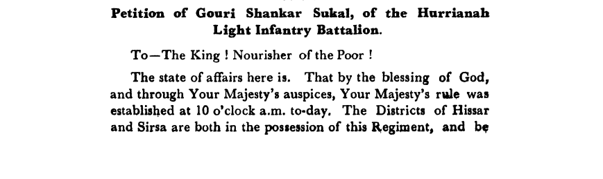 Fifth Days of Proceedings Trail of Bahadur Shah - Petition  of  Gouri  Shankar  Sukal,  of  the  Hurrianah  Light  Infantry  Battalion