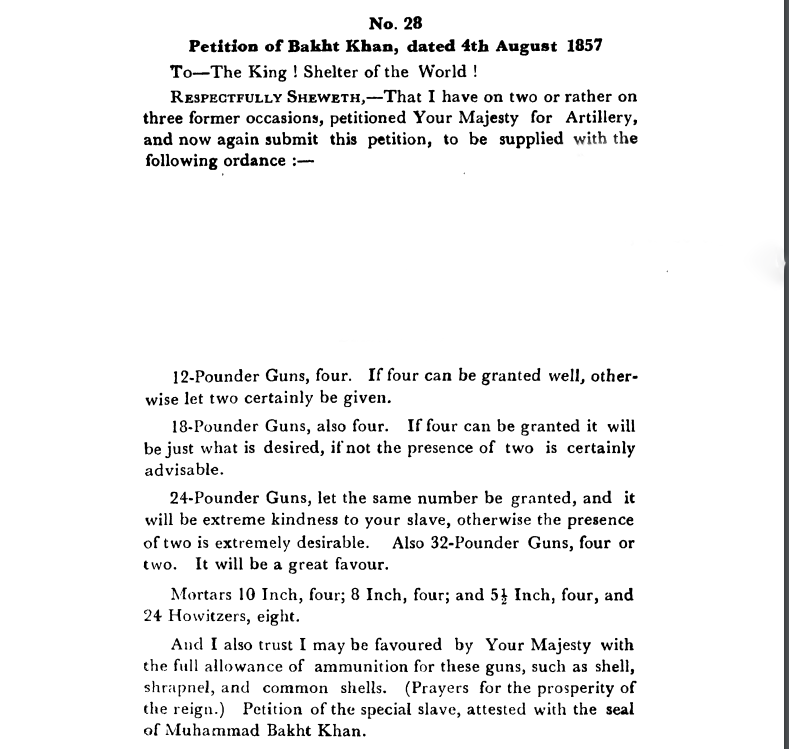 Fifth Days of Proceedings Trail of Bahadur Shah - Petition  of  Bakht  Khan  dated  4th  August  1857