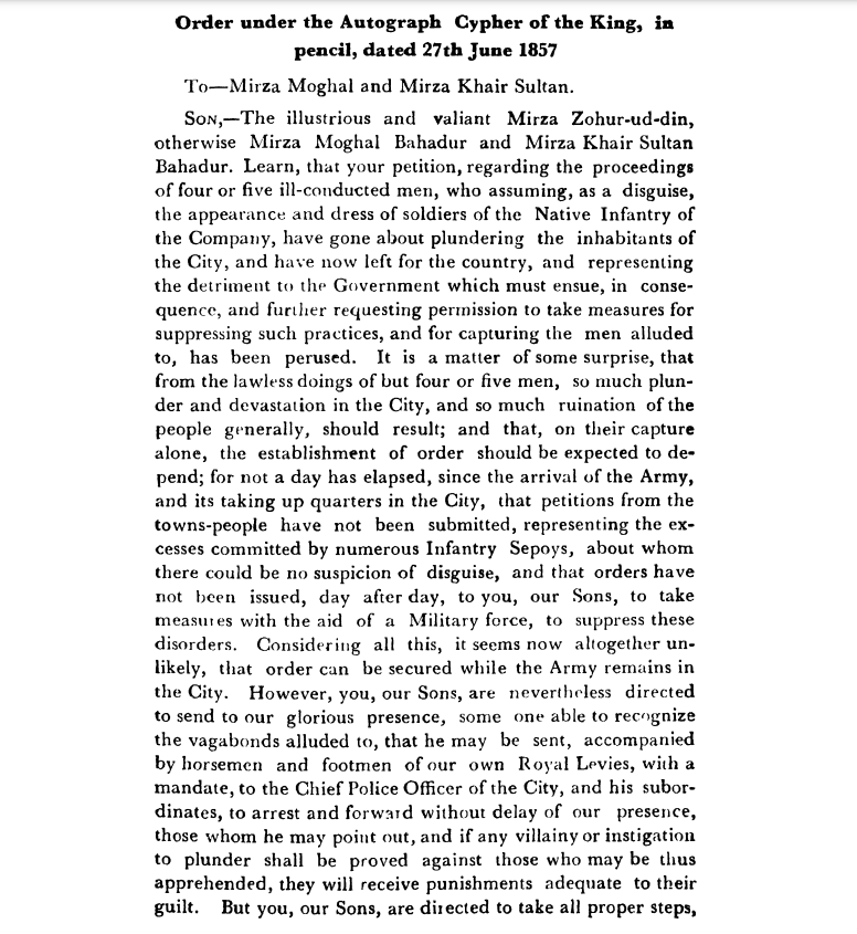 First Days of Proceedings Trail of Bahadur Shah - Order  under  the  Autograph  Cypher  of  the  Emperor in  pencil