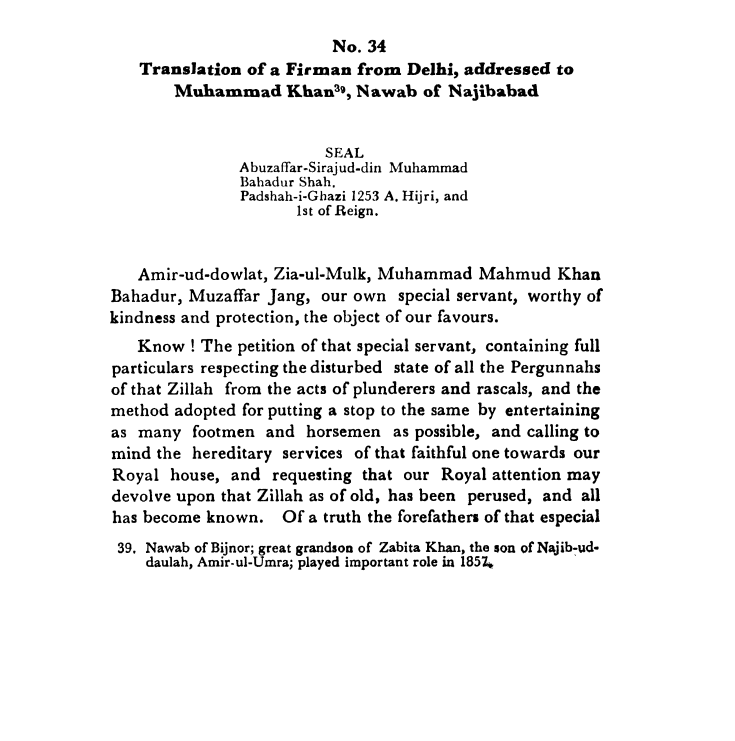 First Days of Proceedings Trail of Bahadur Shah - Translation  of  a  Firman  from  Delhi,  addressed  to  Muhammad  Khan  Nawab  of  Najibabad