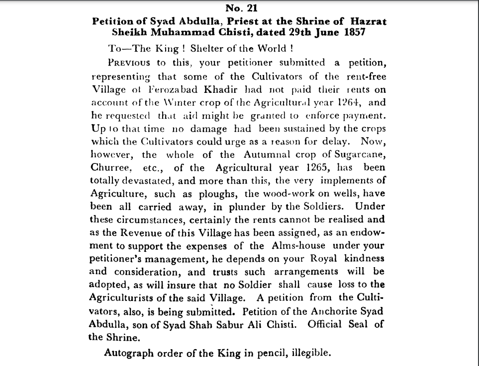 First Days of Proceedings Trail of Bahadur Shah - Petition  of  Syad  Abdulla,  Priest  at  the  Shrine  of  Hazrat  Sheikh  Muhammad  Chisti