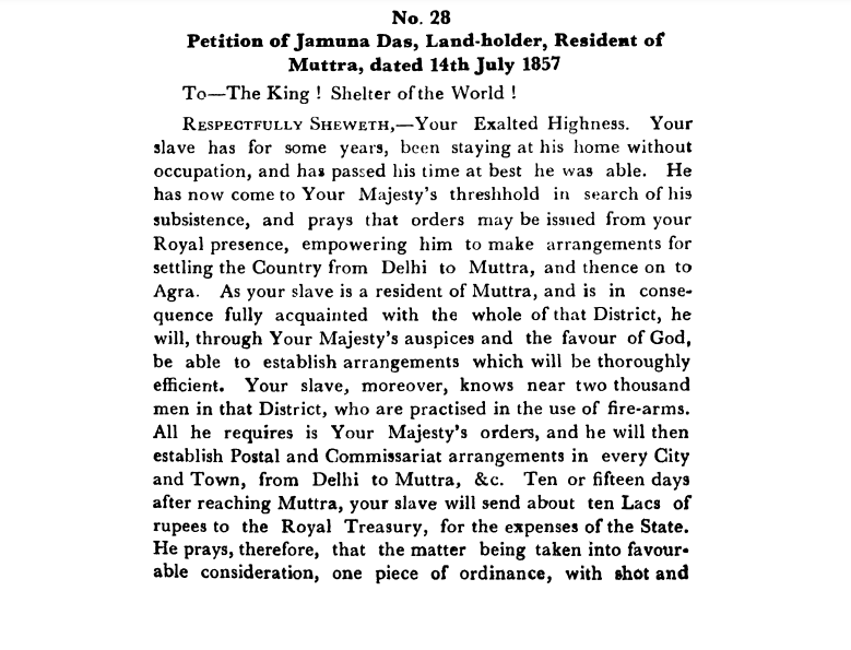 First Days of Proceedings Trail of Bahadur Shah - Petition  of  Jamuna  Das,  Land-holder,  Resident  of  Mauttra