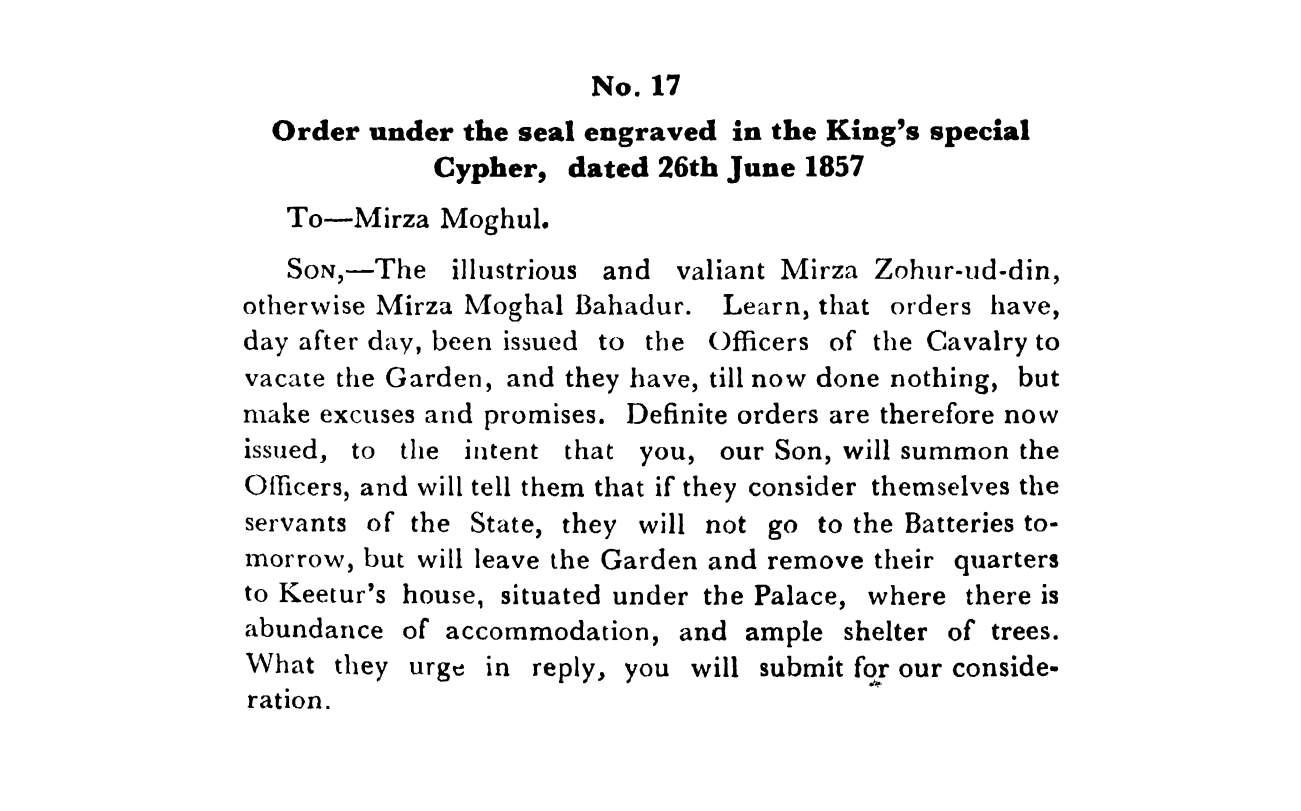 First Days of Proceedings Trail of Bahadur Shah - Order  under  the  seal  engraved  in  the  Emperors  special  Cypher