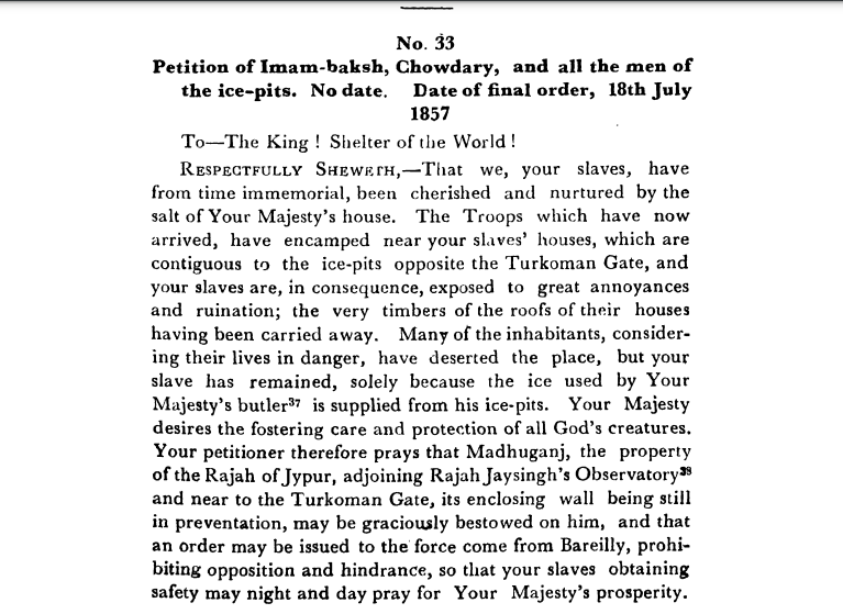 First Days of Proceedings Trail of Bahadur Shah - Petition  of  Imam-baksh,  Chowdary,  and  all  the  men  of  the  ice-pits