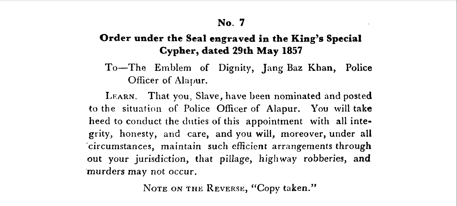 First Days of Proceedings Trail of Bahadur Shah - Order  under  the  Seal  engraved  in  the  Emperors  Special  Cypher