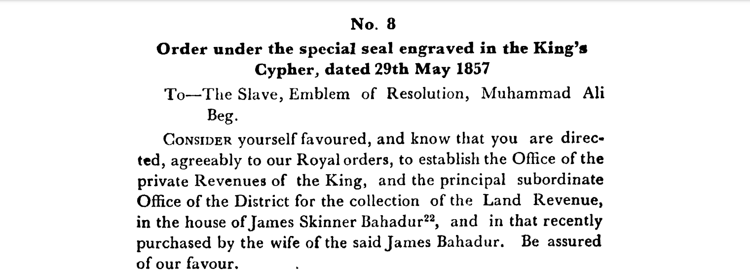 First Days of Proceedings Trail of Bahadur Shah - Order  under  the  special  seal  engraved  in  the  Emperors  Cypher