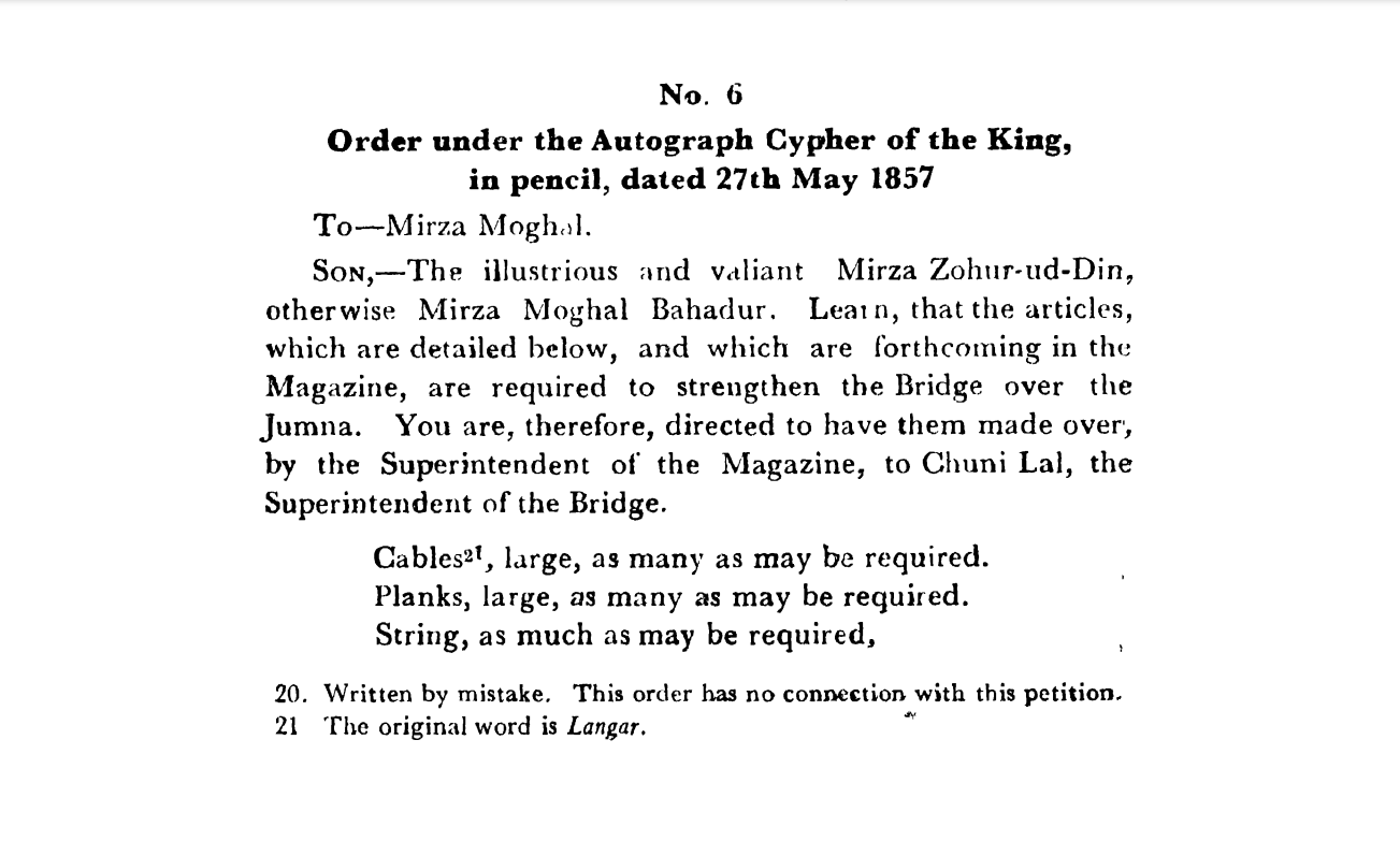 First Days of Proceedings Trail of Bahadur Shah - Order  under  the  Autograph  Cypher  of  the Emperor  in  pencil